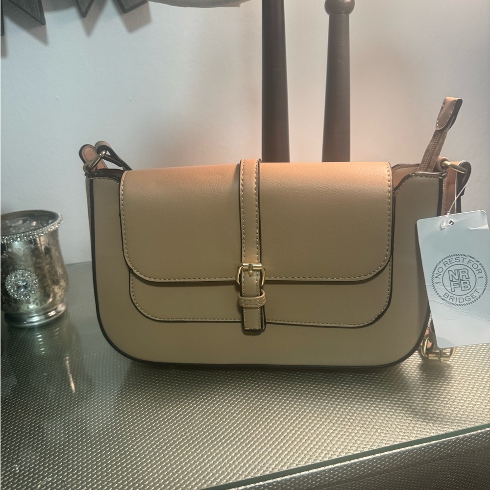 NWT Tan Crossbody Bag with Gold Hardware and Flap Closure